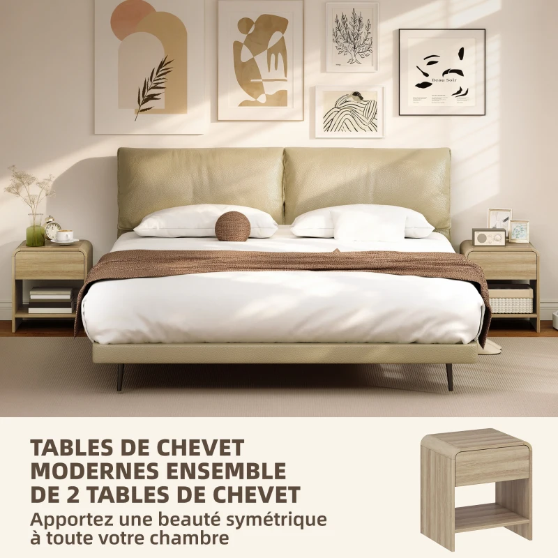 HOMCOM Lot de 2 Tables de Chevet, Compartiment Ouvert, Tiroir à Glissière Silencieuse, Style Scandinave, 40x35x45cm, Naturel