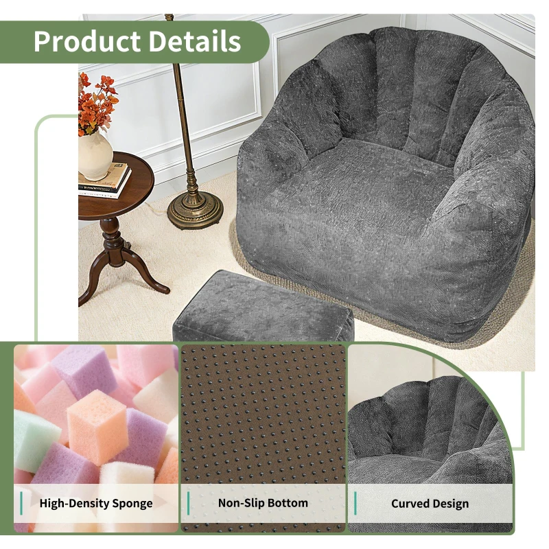 Oversized Bean Bag Chair with Full-Body Segmented Support, Ergonomic Lounger for Gaming, Reading or Napping, 86.5L x 99W x 64.5H cm, Grey