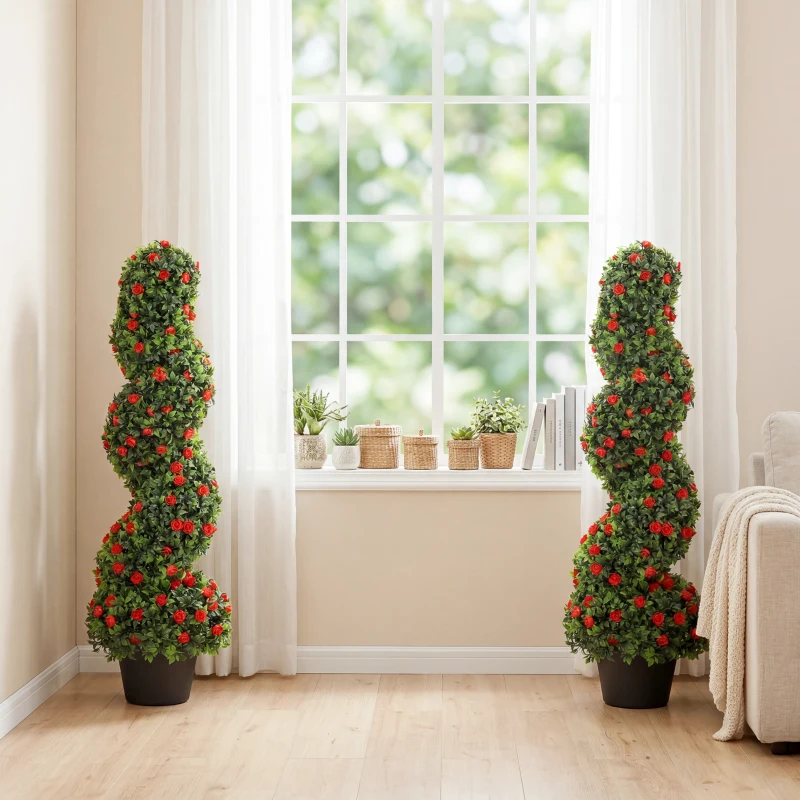 HOMCOM Decorative Artificial Plants Set of 2, UV Resistant Fake Plants in Pot for Indoor Outdoor Decor, 90cm, Red