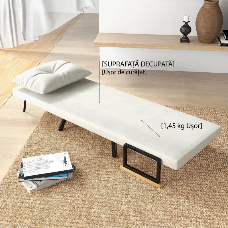 HOMCOM Fotoliu Pat 3 în 1 cu Spătar Reglabil și Pernă, din Material cu Efect de Catifea, 63x73x81 cm, Crem(m-8)