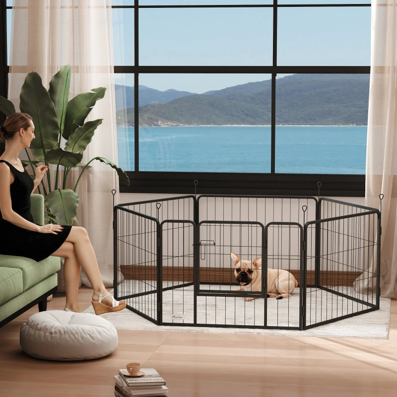 PawHut Parque para Cães de 6 Painéis de 60 cm de Altura Vedações para Cães de Aço Dobrável com Porta para Interior e Exterior Preto