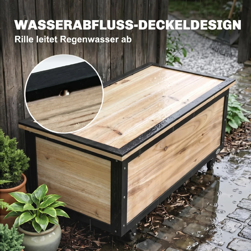 Outsunny Garten-Aufbewahrungsbox, 121 Liter, 2 Räder, wetterfest, Metallscharniere, Naturholz, 100x50x43 cm(m-7)