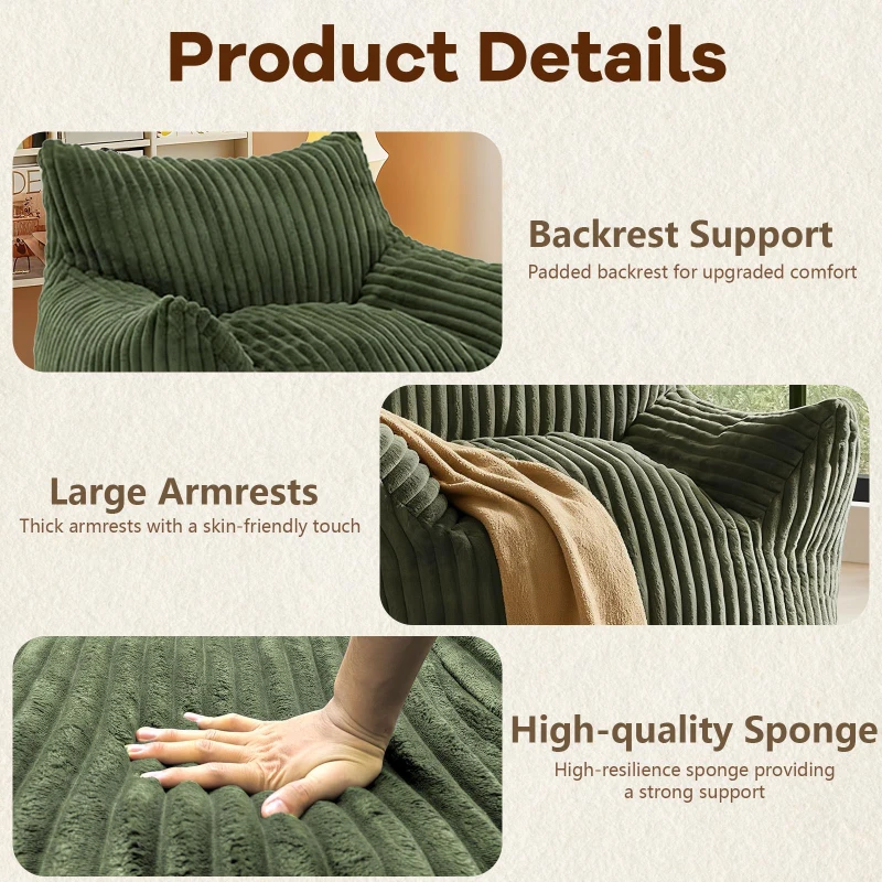 Soft Bean Bag Sofa with High-Quality Sponge and Large Armrests, Cozy Plush Lounger for Bedrooms, 103L x 90W x 70H cm, Green