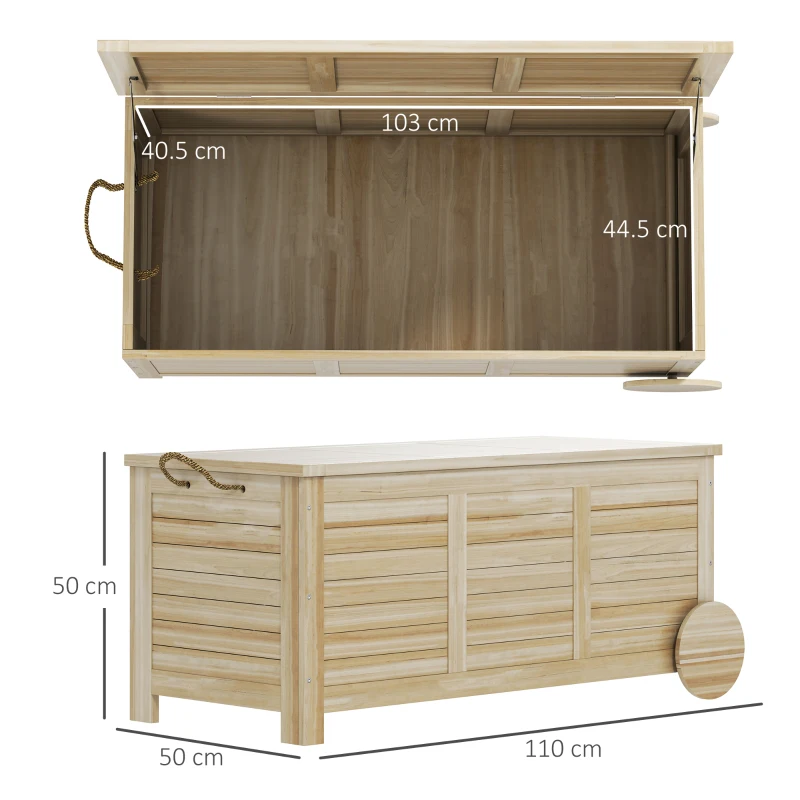 Outsunny Ladă de Exterior 185L cu 2 Roți, Cu Husă Interioară și Capac, din Lemn de Brad, 110x50x50 cm, Culoare Lemn