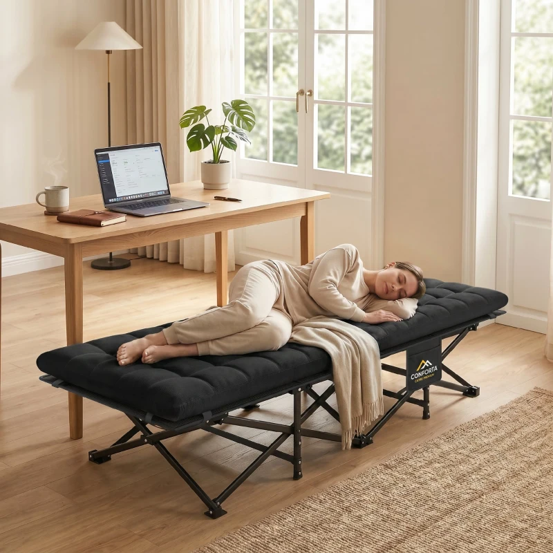 Outsunny Cama Plegable Camping con Colchón Extraíble de Tela Oxford 600D con Reposacabezas y Bolsa Carga 200 kg Negro