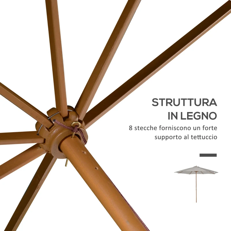 Outsunny Ombrellone da Giardino 3 m con Palo in Legno, 8 Stecche e Parasole in Poliestere, Grigio