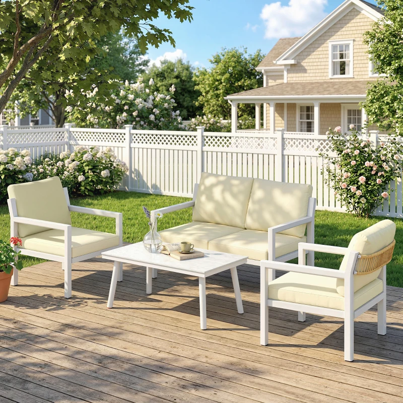 Outsunny 4 Seater Rattan Garden Furniture Set with 2 Armchairs, Loveseat, Coffee Table, Garden Sofa Set with Cushions, Beige