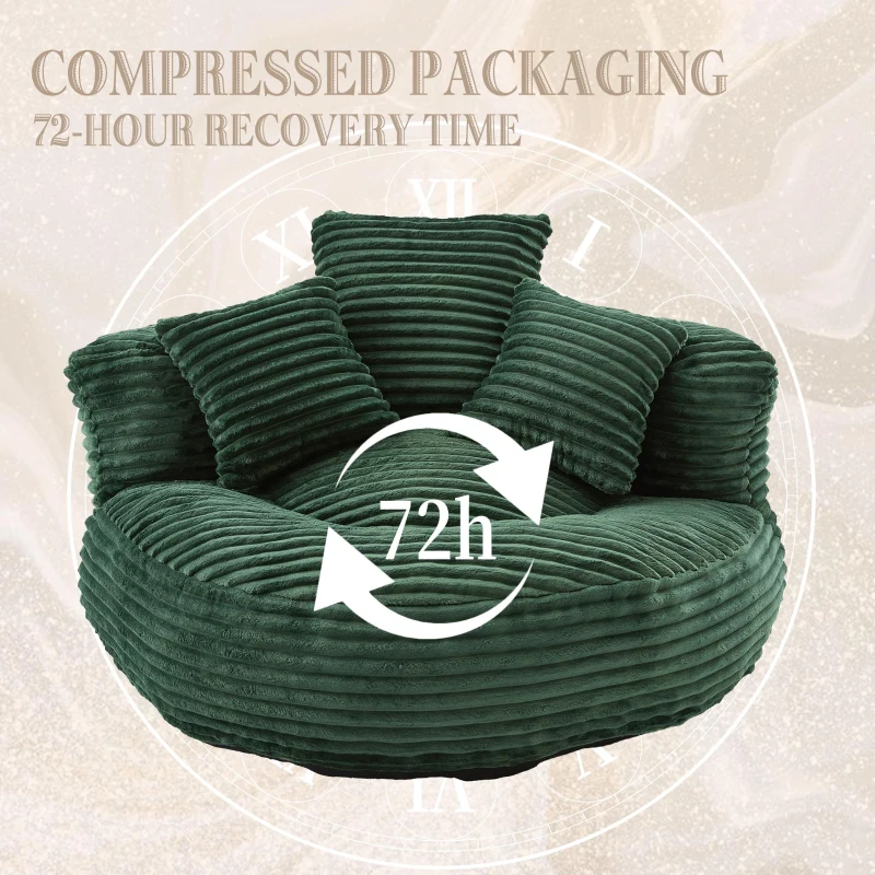 Plush Oversized Bean Bag Chair with High Back & 3 Pillows, Cozy Corduroy Floor Lounger Sofa for Living Room, 108L x 108W x 52H cm, Emerald