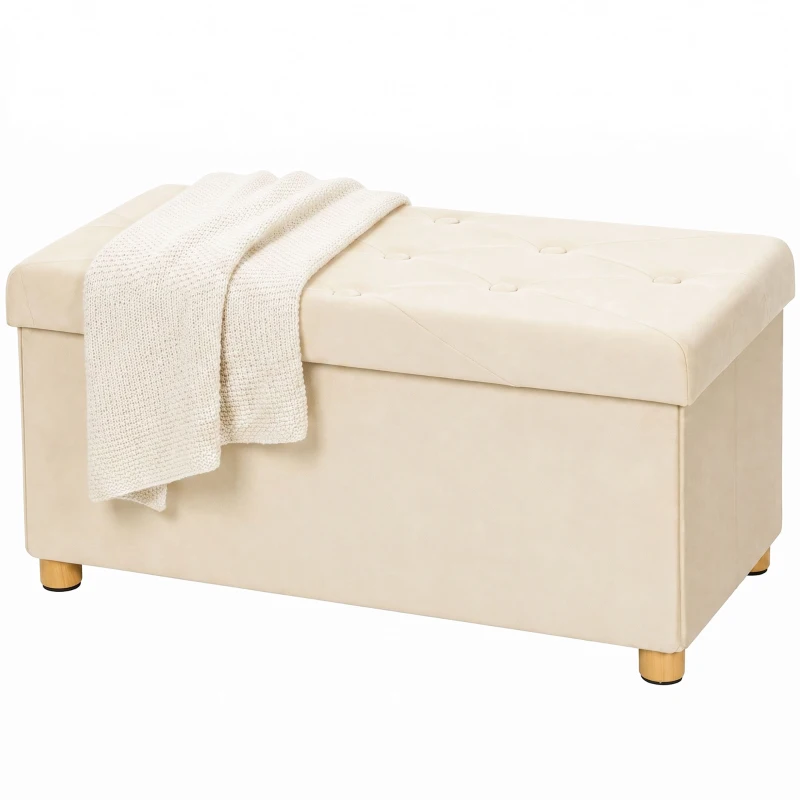 HOMCOM Velvet Upholstered Foldable Ottoman Footrest, Storage Ottoman Bench with Wood Legs for Living Room, Cream White