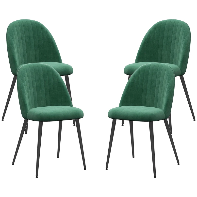HOMCOM Set de 4 Scaune Moderne Tapițate cu Spătar Curbat, din Stofă cu Efect de Catifea și Oțel, 50x52x83 cm, Verde