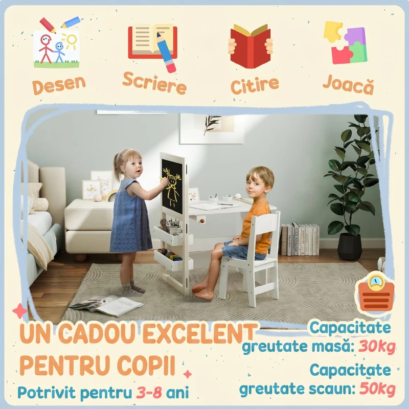 AIYAPLAY Set Masă și Scaun pentru Copii 3-8 Ani cu Tablă Neagră, Tablă Albă, Containere și Rulou de Hârtie, Alb
