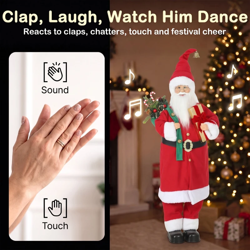 HOMCOM 4ft Singing Dancing Santa Claus, Standing Christmas Animated Santa Figure with Gift and Sack, Sound/Touch Activated
