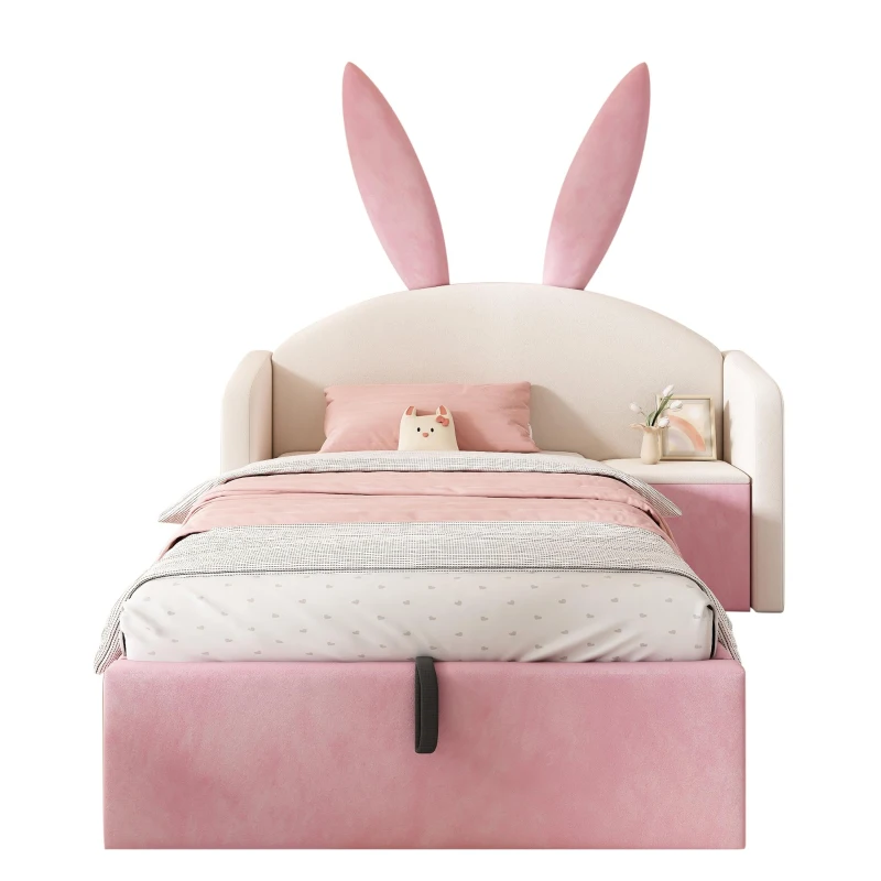 Bunny Ears Children's Bed with Hydraulic Storage, Adorable Bed for Girls Bedrooms, 206L x 149W x 143H cm, Beige+Pink
