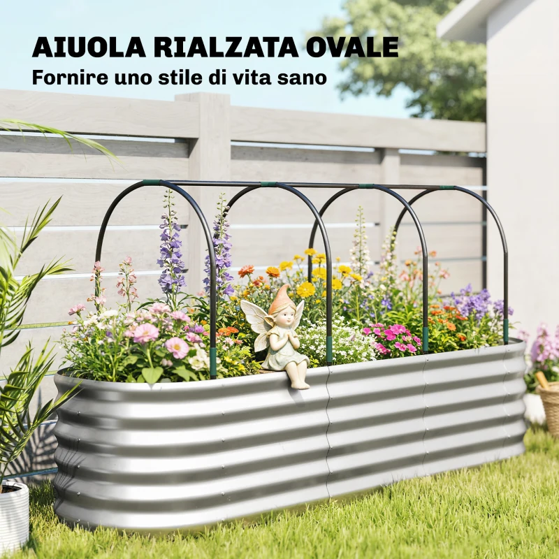 Outsunny Letto da Giardino Rialzato con Griglia per Rampicanti e Fondo Aperto, in Acciaio, 200x60x103 cm, Argento
