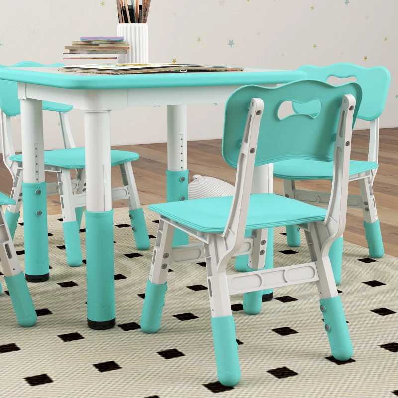 AIYAPLAY Set masă și scaune pentru copii, 5 piese cu 4 scaune reglabile 32x36x52.5-56 cm și masă 60x60x46-58 cm, verde
