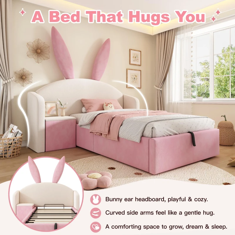 Bunny Ears Children's Bed with Hydraulic Storage, Adorable Bed for Girls Bedrooms, 206L x 149W x 143H cm, Beige+Pink