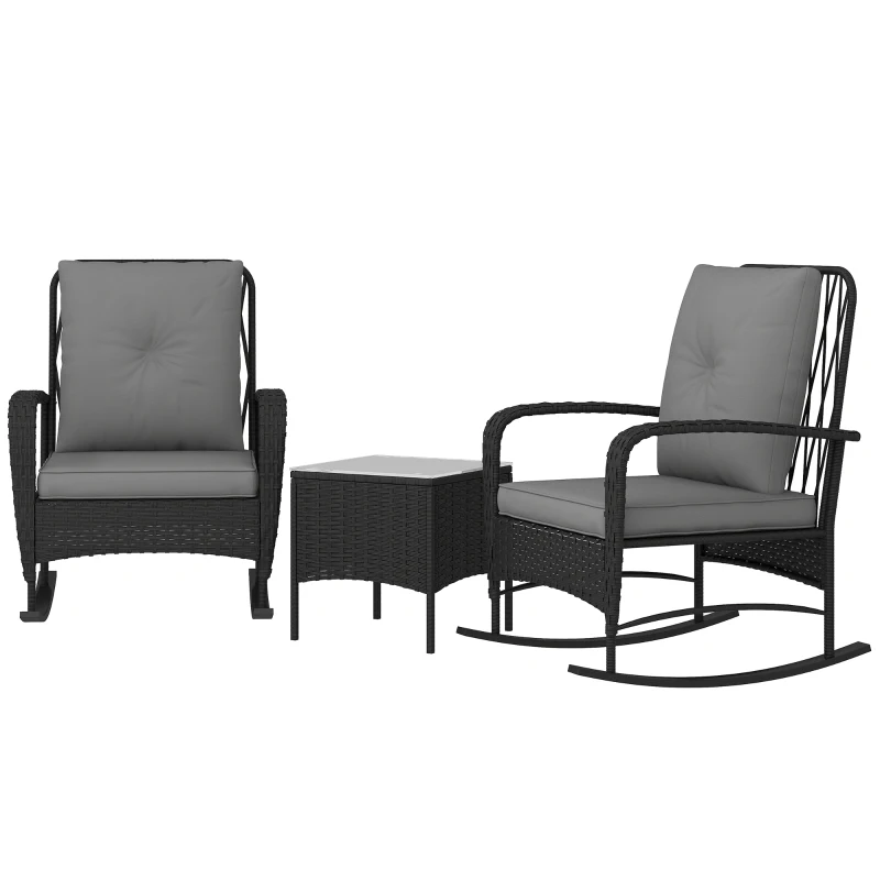 Outsunny Three-Piece Rocking Chair Rattan Bistro Set - Black