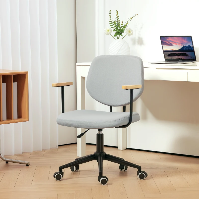 HOMCOM Cadeira de Escritório com Apoio para os Braços de Madeira e Altura Ajustável Cadeira Giratória 59x55x84-94 cm Cinza