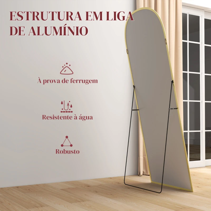 HOMCOM Espelho de Pé Espelho de Corpo Inteiro 60x165 cm com Estrutura de Liga de Alumínio e Suporte para Sala Quarto Dourado
