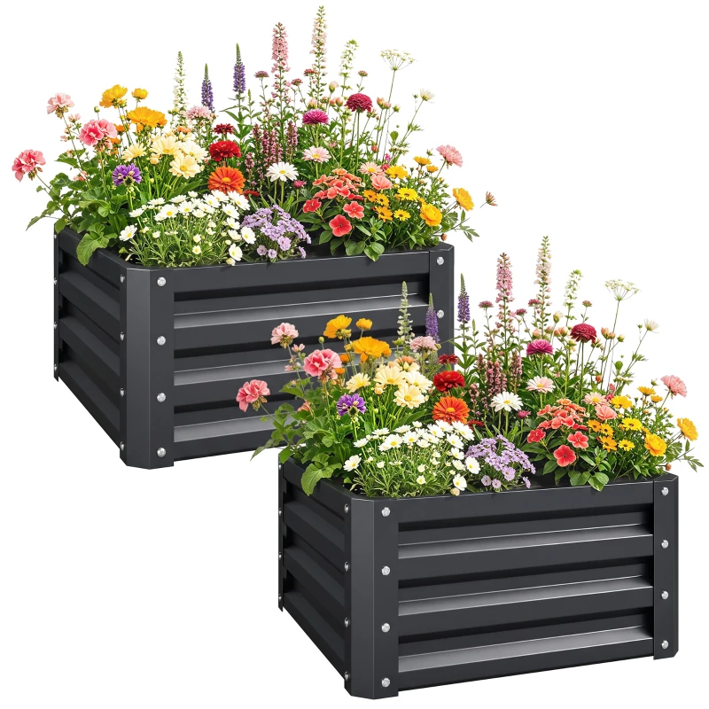 Outsunny Set of 2 Raised Garden Bed, Outdoor Elevated Galvanised Planter Box for Flowers, Herbs, 60x60x30.5cm, Grey