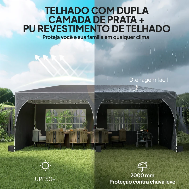 Outsunny Tenda Dobrável 6x3 m Pop-up com 4 Laterais Amovíveis Tenda de Jardim com Faixas Refletoras Altura Ajustável UPF50+ Cinzento