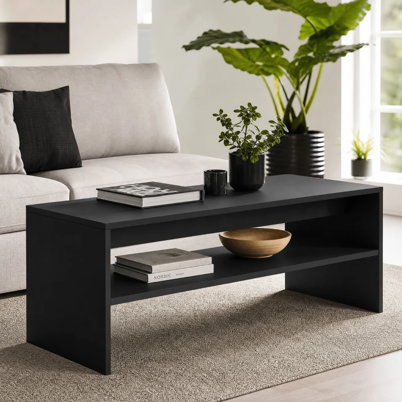 HOMCOM Mesa de Centro Moderna de Madera con 2 Niveles y Balda Abierta 100x40x41,5 cm Negro