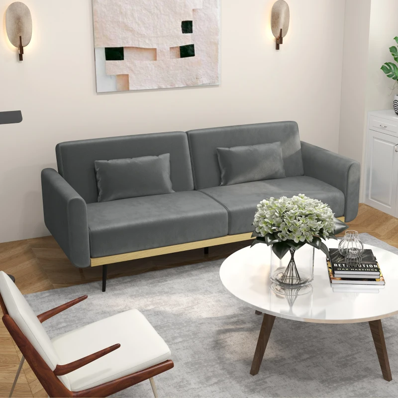 HOMCOM Divano Letto 3 Posti con Design Clic Clac e 2 Cuscini, in Tessuto Effetto Velluto, 206x81x83 cm, Grigio