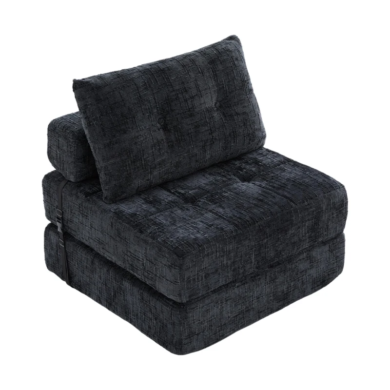 Cozy Convertible Floor Sofa Bed with Button-Tufted Detailing, Soft Chenille Folding Sleeper Couch for Living Room, 180L x 79W x 57H cm, Black