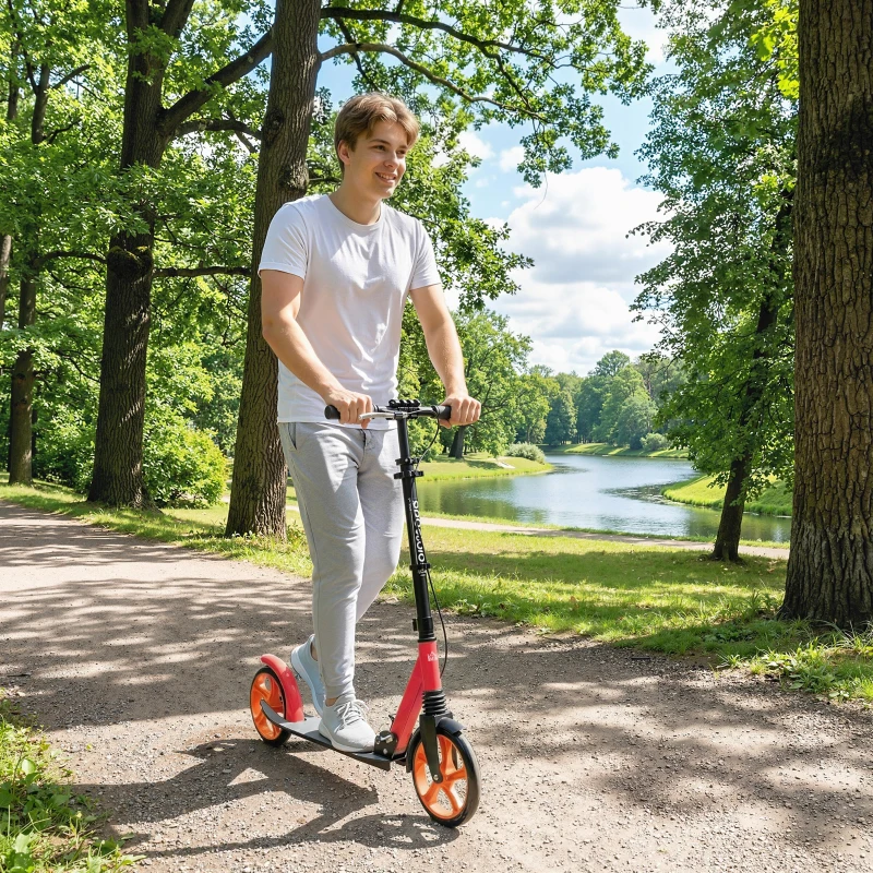 HOMCOM One-click Folding Kick Scooter for 14+ w/ Adjustable Handlebar, Push Scooter with Kickstand, Dual Brake System, Red