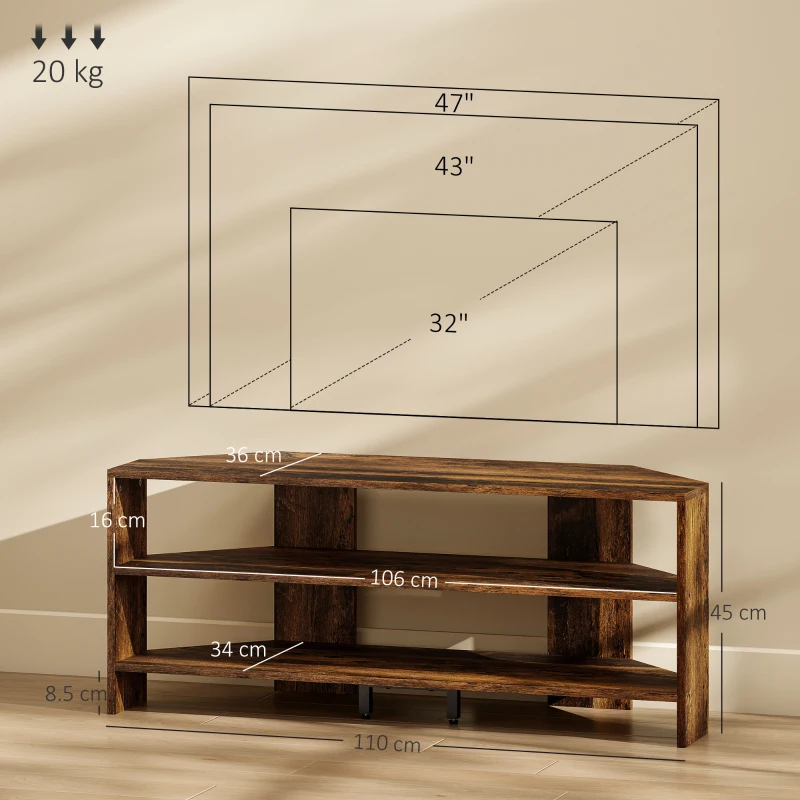 HOMCOM Corner TV Stand with 2 Open Shelves for 47 Inch TV - Rustic Brown