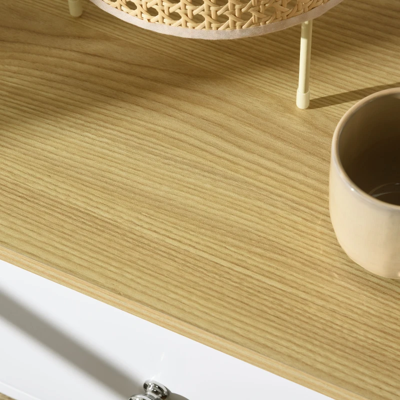 HOMCOM Mesita de Noche con Cajón y Cesta de Ratán Plegable Mesa Auxiliar para Salón Dormitorio 49x39x64 cm Blanco y Natural