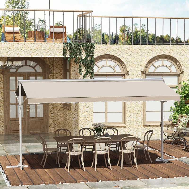 Outsunny Standmarkise Markise 4,5 x 3,4m Terrassenüberdachung Gartenmarkise mit Faltarm Kurbel Terrasse Creme Alu Metall