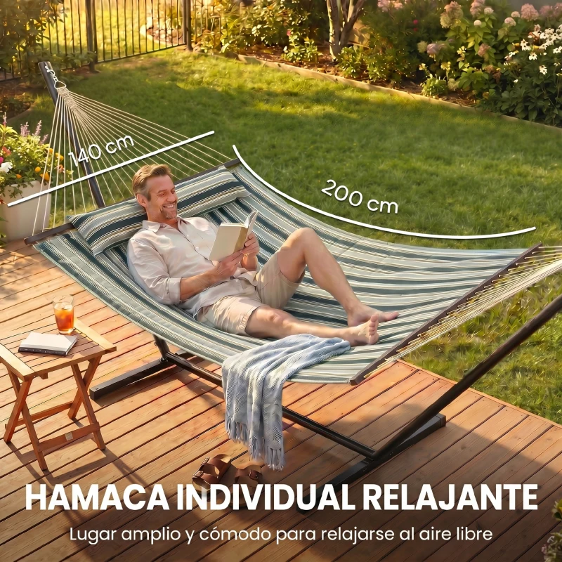 Outsunny Hamaca con Soporte Hamaca de Jardín Portátil con Almohada Desmontable Barras Separadoras 353x94x115 cm Verde