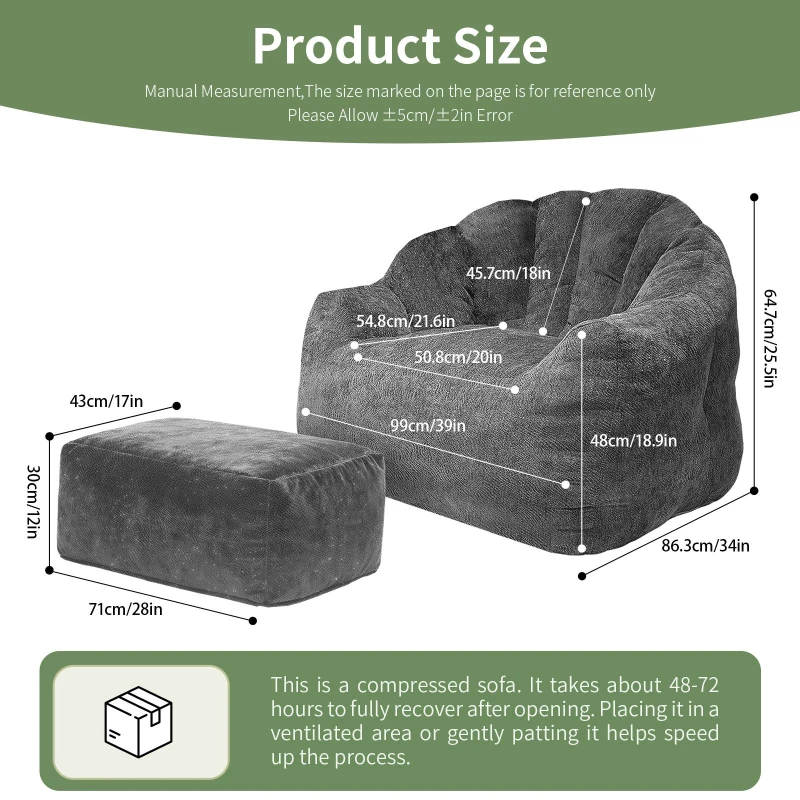 Oversized Bean Bag Chair with Full-Body Segmented Support, Ergonomic Lounger for Gaming, Reading or Napping, 86.5L x 99W x 64.5H cm, Grey