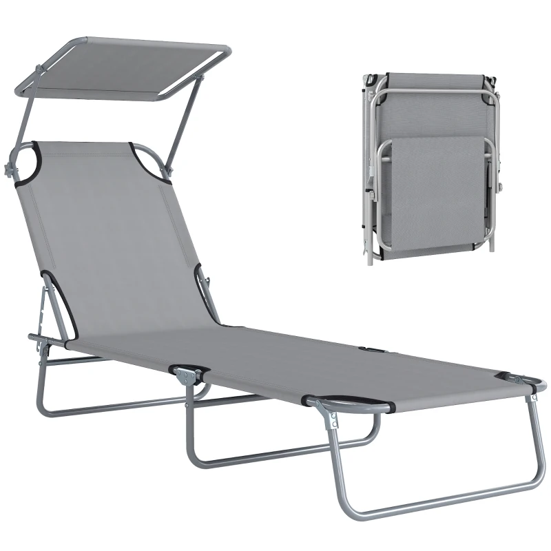 Outsunny Outdoor Foldable Sun Lounger, 4 Level Adjustable Backrest Reclining Sun Lounger Chair with Angle Adjust Sun Shade Awning for Beach, Garden, Patio, Light Grey