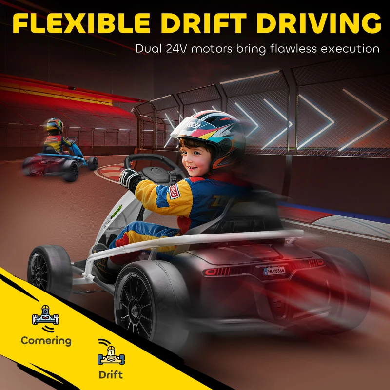 HOMCOM 24 V Go-Kart electric pentru copii până la 13 km/h Gokart cu funcție drift, Drift-Kart cu 2 motoare pentru 8–12 ani Alb