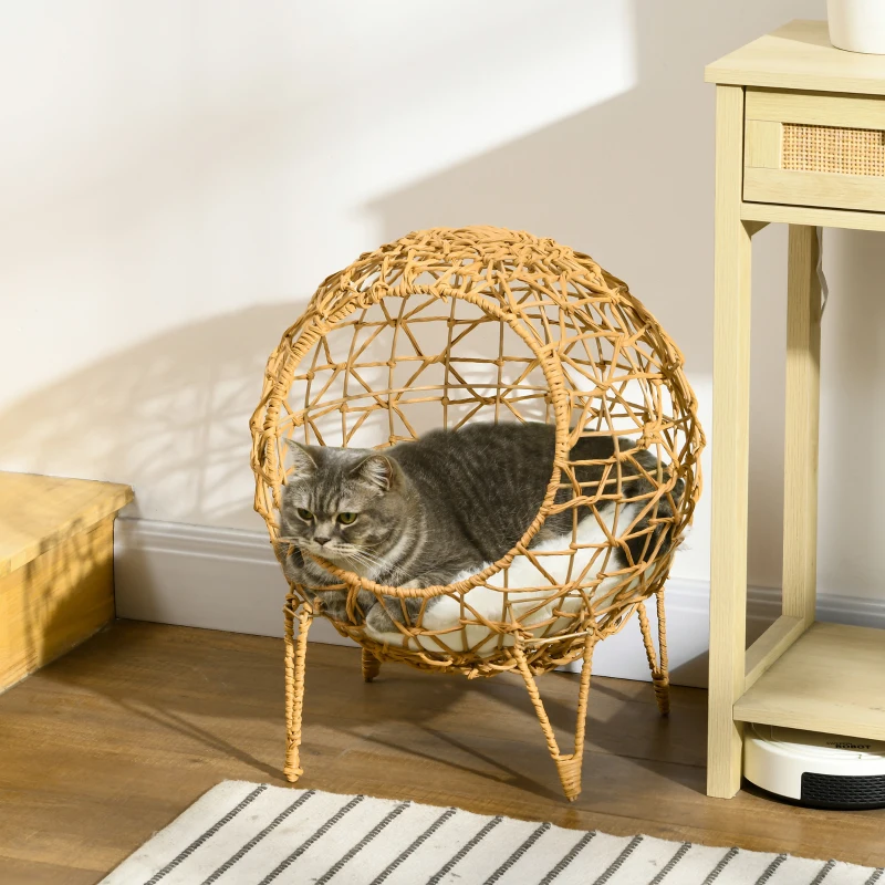 Pawhut Rattan Katzenkorb Katzenhöhle Katzenhütte Katzenbett mit Kissen erhöhtes Design Haustierbett Braun Ø45 x 57H cm