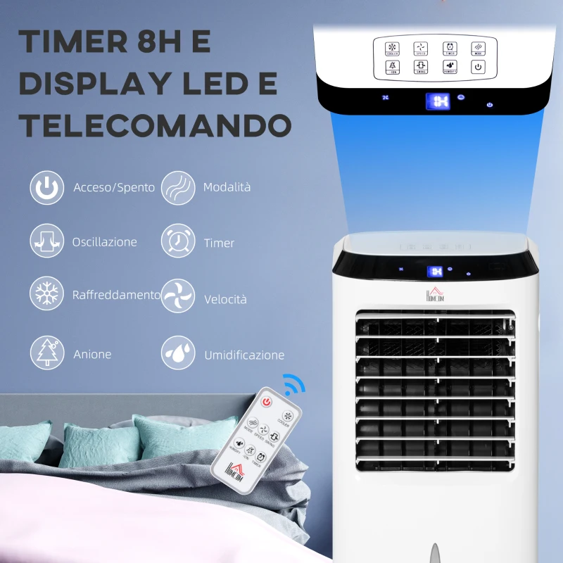 HOMCOM Raffrescatore 4 in 1 da 10L con Umidificatore, Timer 8h e Telecomando, 38.2x31.6x76 cm, in ABS, Bianco e Nero