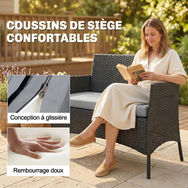 Outsunny Salon de jardin extérieur 4 personnes en résine tressée avec canapés et table basse en verre trempé coussins inclus gris