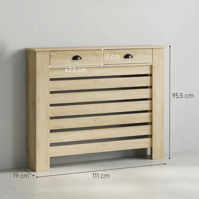 HOMCOM Couvercle de radiateur cache radiateur grille à lattes horizontales avec 2 tiroirs en bois 111l x 19P x 95,5H cm chêne