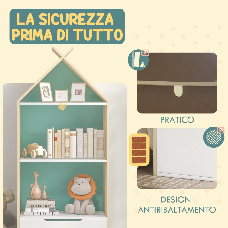 AIYAPLAY Libreria per Bambini a 3 Ripiani con Cassetto e Dispositivo Antiribaltamento, 50x30x119.5cm, Verde