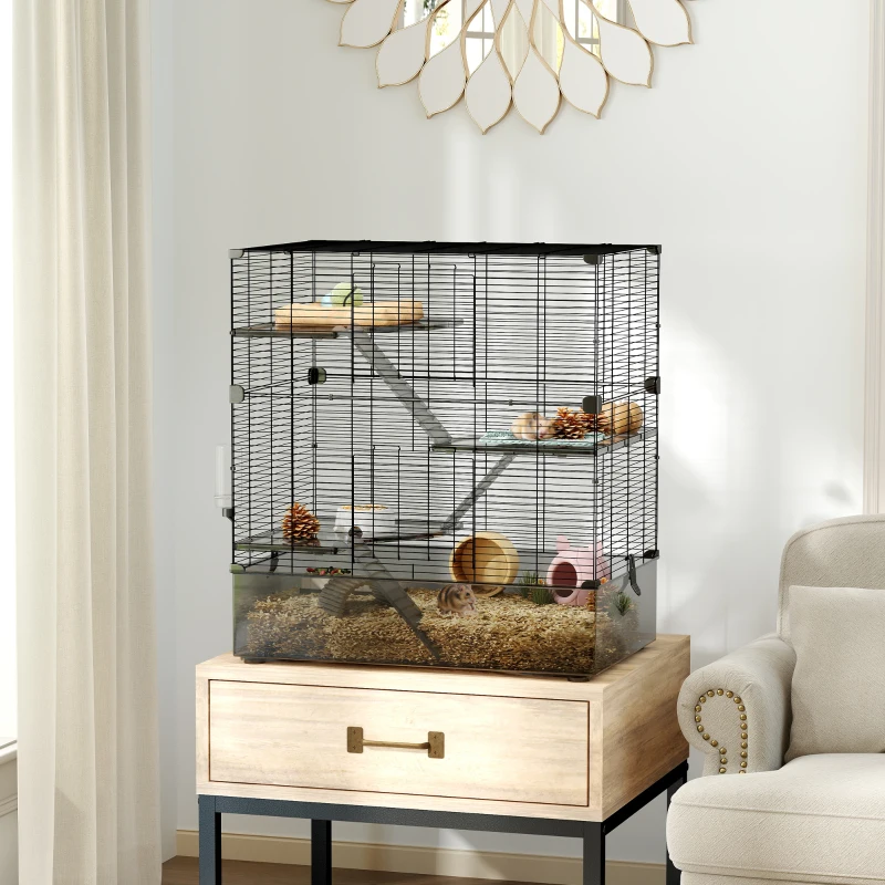 PawHut Jaula para Animales Pequeños con Múltiples Niveles Bandeja y Accesorios Incluidos 73x47x80 cm Negro