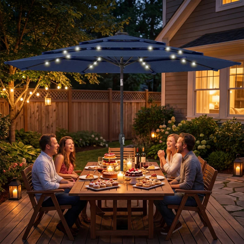 Outsunny 2.8 m Garden Parasol Umbrella with LED Solar Light, Parasol Cover, 3 Tier Outdoor Table Market Patio Umbrella, Navy Blue