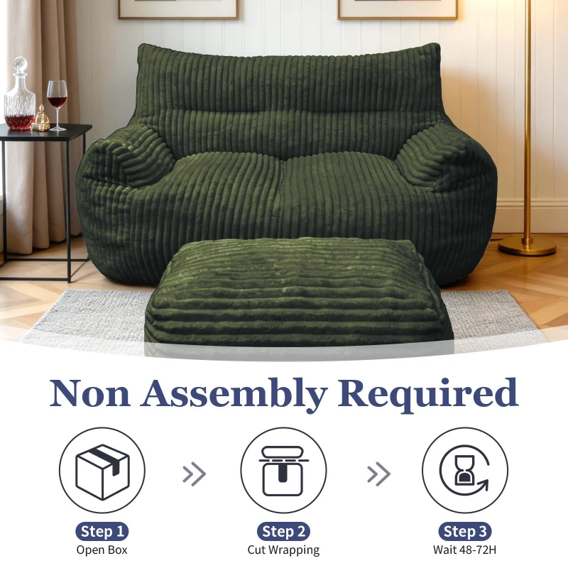 Oversized 2-Seater Corduroy Sofa with Ottoman, Comfortable Couch for Couples and Family, 100L x 135W x 75H cm, Green