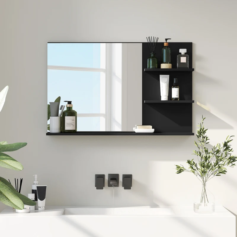 kleankin Specchio Bagno Moderno con 2 Ripiani Laterali e Ripiano Inferiore, in Legno e Vetro, 75x10x48 cm, Nero