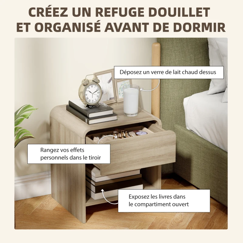 HOMCOM Lot de 2 Tables de Chevet, Compartiment Ouvert, Tiroir à Glissière Silencieuse, Style Scandinave, 40x35x45cm, Naturel