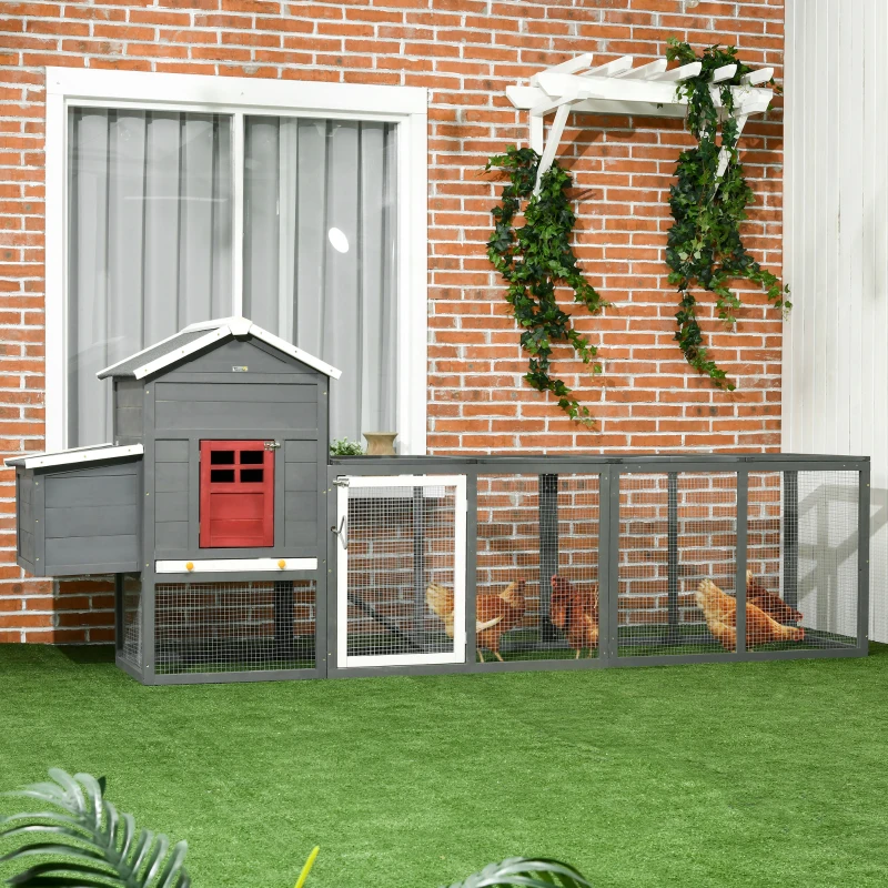 PawHut Galinheiro Grande de Madeira 300x66x116 cm com Ninho, Corredor Bandeja Removível Telhado Asfáltico Rampa 297,5x68x118 cm Branco e Cinza