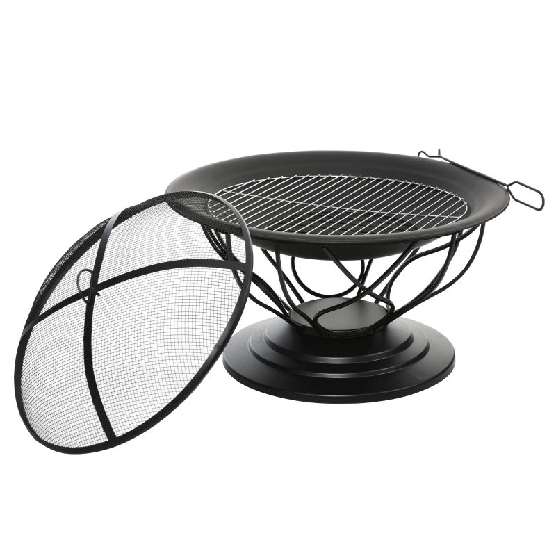 Outsunny Brasero cheminée Foyer extérieur Ø 75 x 55H cm Grille à Charbon + Cuisson Couvercle tisonnier métal Noir