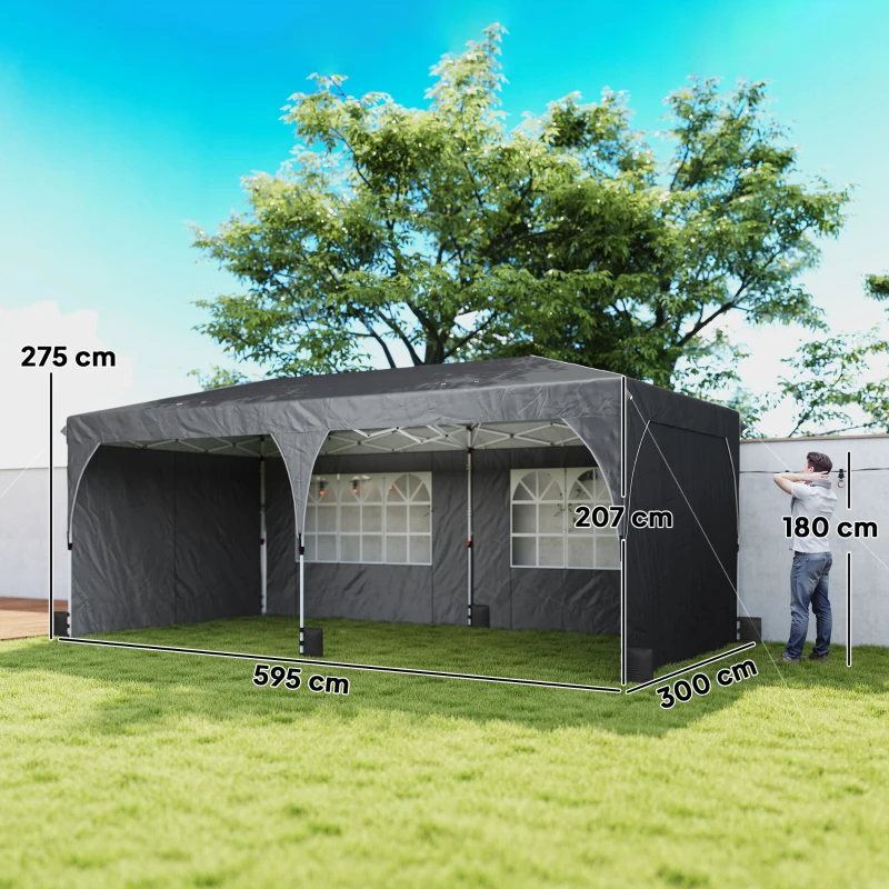 Outsunny Tenda Dobrável 6x3 m Pop-up com 4 Laterais Amovíveis Tenda de Jardim com Faixas Refletoras Altura Ajustável UPF50+ Cinzento