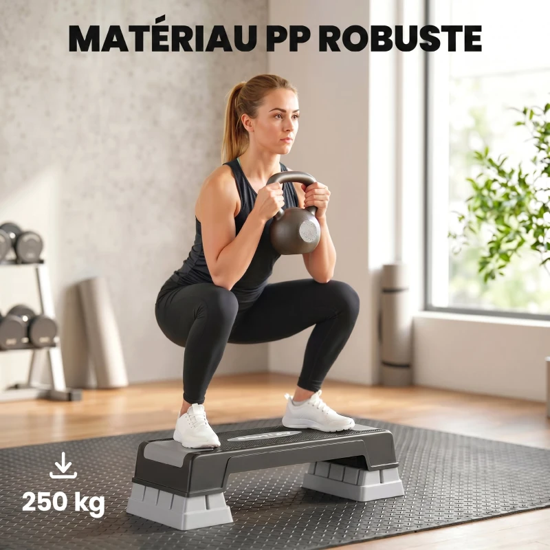 SPORTNOW Stepper Fitness Aérobic 3 Niveaux, Hauteur Réglable 12/17,5/22,5 cm, Surface Antidérapante, Charge 250 kg, Gris